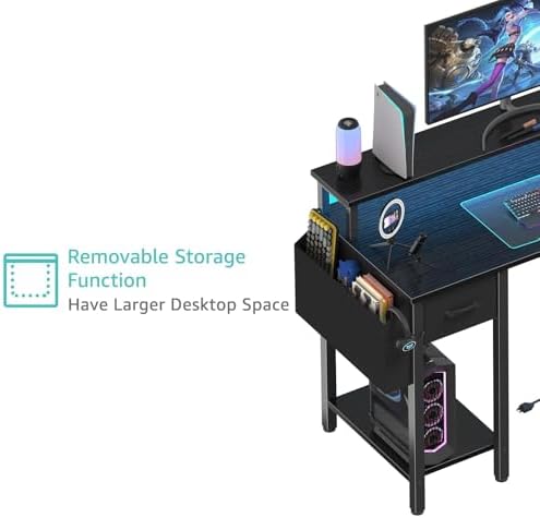 Lufeiya L Shaped Gaming Desk with Storage Shelves, 47 inch Home Office Desk with Monitor Stand, Computer Desk with LED Lights,Power Outlets and Fabric Drawers, Black - Image 7
