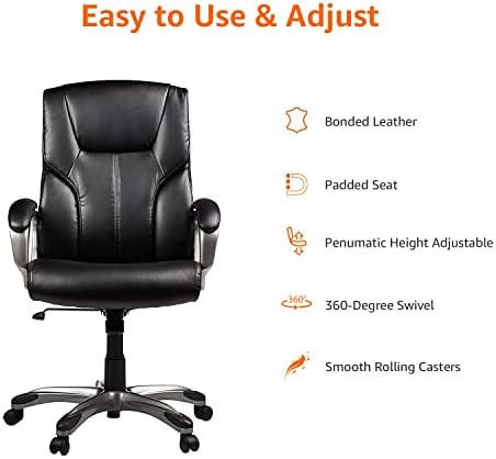 Amazon Basics Executive High Back Office Chair, Adjustable Height, Tilt, Swivel, Padded Seat, Bonded Leather, Wheels, Black/Silver - Image 4