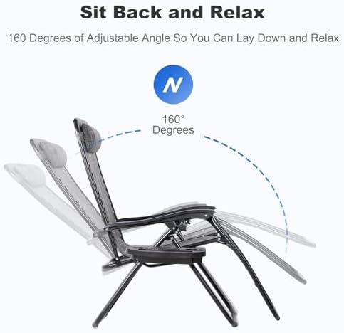 Nazhura Set of 2 Relaxing Recliners Patio Chairs Adjustable Steel Mesh Zero Gravity Lounge Chair Beach Chairs with Pillow and Cup Holder(Grey) - Image 4