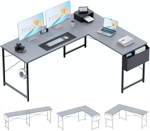 Pamray 64.5 Inch Reversible L Shaped Gaming Desk Large Corner Computer Desk with Storage Bag Home Office Table for Writing Study Grey - Image 4