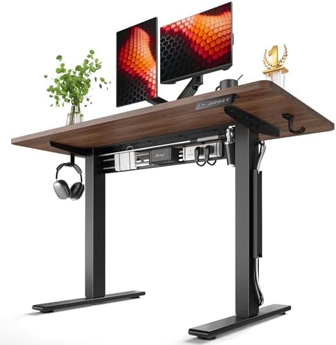 FEZIBO Electric Standing Desk with L-Shaped Crossbar & Cable Management System, 48 x 24 Inches Sit Stand up Desk, Adjustable Height Standing Desk for Home Office, Black Walnut by FEZIBO