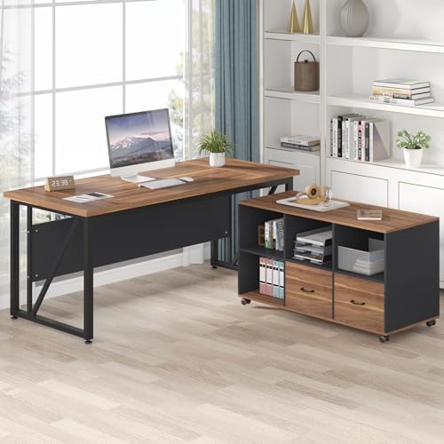 Tribesigns 63-Inch Executive Desk with 47-Inch Mobile File Cabinet, Large Home Office Desk with Drawers and Storage Shelves, L-Shaped Computer Desk Workstation Business Furniture, Walnut & Gray - Image 3