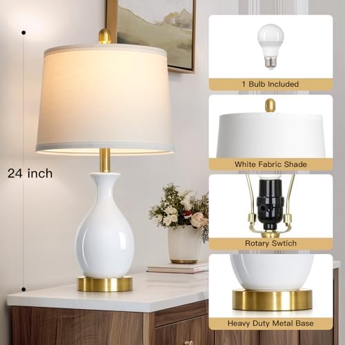 24" Bedside Table Lamp for Bedroom, Modern Classic Ceramic Lamp for Living Room, Small White Table Lamps for Nightstand & End Table (1 Pack) - Image 2