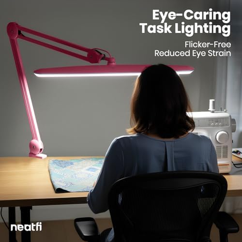 Neatfi XL 2,200 Lumens 24W LED Desk Lamp – 23” Wide Shade | Dimmable Eye-Caring Task Light | Adjustable Arm | Home Office, Study, Crafts & Nail Tech (Pink, Non-CCT with Clamp) - Image 3