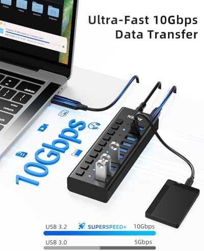 AGEEN 10-Port Powered USB 3.2 Hub, 10Gbps Data Transfer, 48W Power Adapter - Image 3