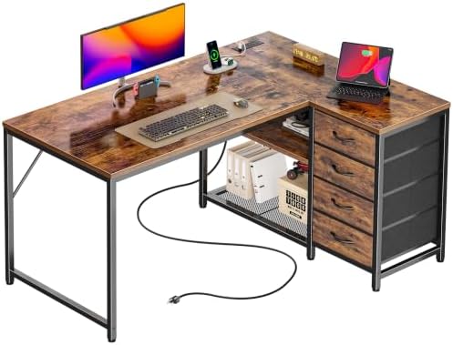 PRAISUN 43.3" Small L Shaped Desk with Power Outlets & 4 Drawers by PRAISUN