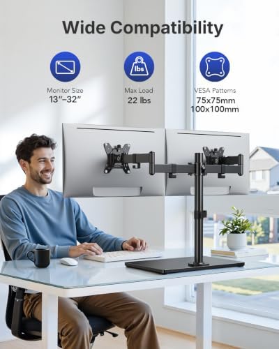 HUANUO Free Standing Dual Monitor Stand for 13-32 Inch Monitors, Glass Base - Image 3