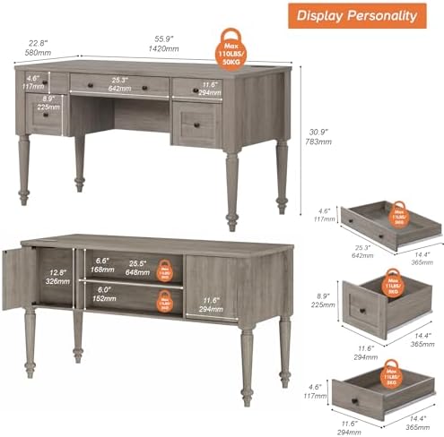 WAMPAT Farmhouse Executive Desk with Drawers, Vintage Writing Desk with Charging Station, Home Office Desk with Storage Cabinet & Open Shelf for Study, 56 Inch, Grey - Image 2