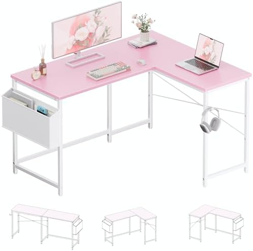 Pamray 47 Inch Reversible L Shaped Gaming Desk Corner Computer Desk with Storage Bag Home Office Table for Writing Study Pink - Image 3