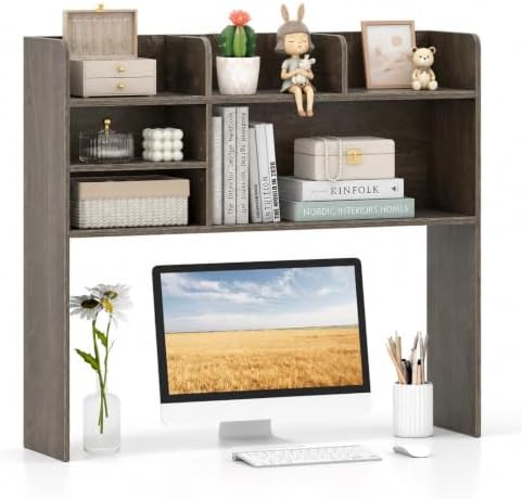 POWERSTONE 37" Desk Hutch with 6 Shelves, Desktop Bookshelf Grey by POWERSTONE%C2%AE