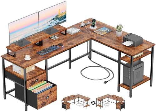 Furologee 66” L Shaped Desk with Power Outlet, Reversible Home Office Desk with File Drawer, 2 Monitor Stands, Storage Shelves, Corner Computer Table for Gaming, Writing, Rustic Brown by Furologee