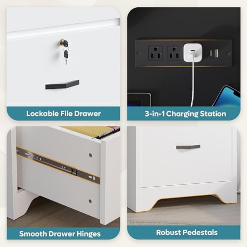 Bestier 59” Office Desk with Lockable Drawers, Modern Computer Desk with File Drawer, Charging Station & Drop-Front Keyboard Drawer, Executive Desk with Storage Cabinet for Home Office & Studio, White - Image 5