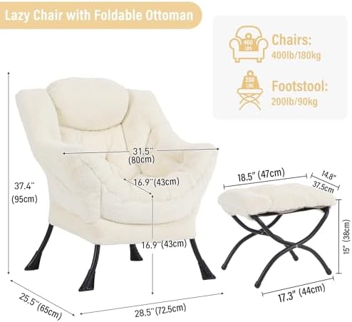 Furlide Lazy Chair with Ottoman, Comfy Plush Reading Chair for Bedroom，Beige - Image 2