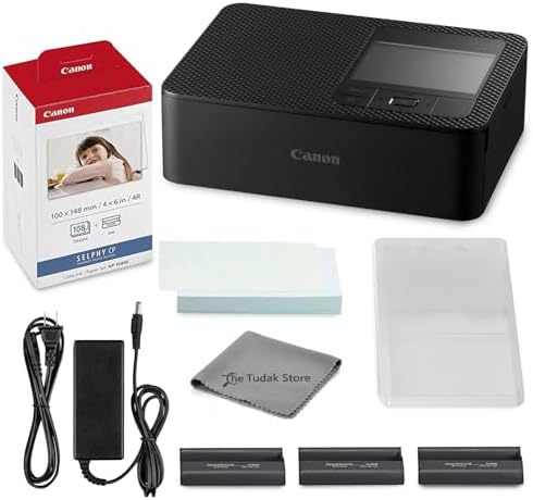 Canon Selphy CP1500 Photo Printer Bundle (Black) with KP-108 Paper (108 Sheets) 3 Color Ink Cartridges & Tudak Cleaning Cloth – Wireless Compact Dye-Sub Printer Kit by Unknown
