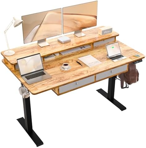 55 x 30 Inch Electric Standing Desk with 4 Drawers, Light Rustic by ExaDesk