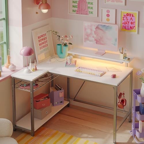 Bestier 42-Inch L-Shaped Computer Desk with Charging & LED, White - Image 2