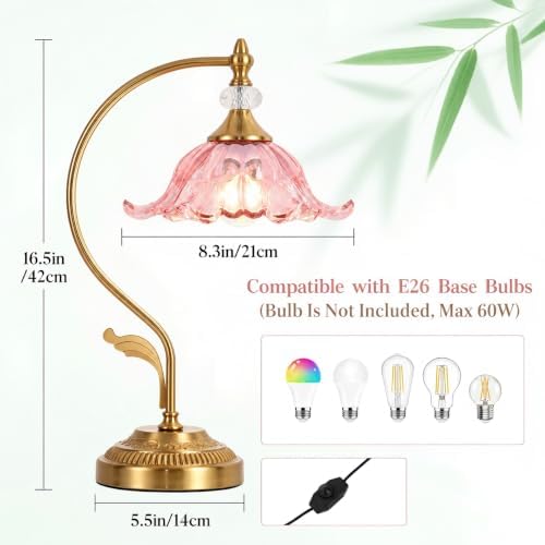 Vintage Floral Table Lamp, Plug in Mid-Century Modern Desk Lamp with Transparent Glass Shade, Gold Bedside Table Lamp Dimmable for Bedroom Living Room Home Office - Image 4