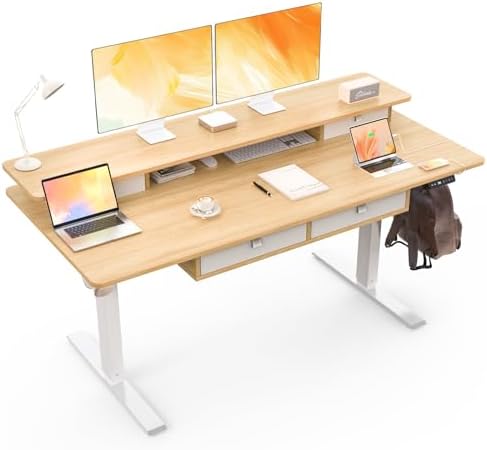 63 x 30 Inch Electric Standing Desk with 4 Drawers, Natural by ExaDesk