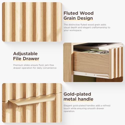 Vabches Fluted Computer Desk with Power Outlets, Home Office Desk with Drawers, Printer Stand, Wood Computer Desk with Long Monitor Stand, Oak - Image 3