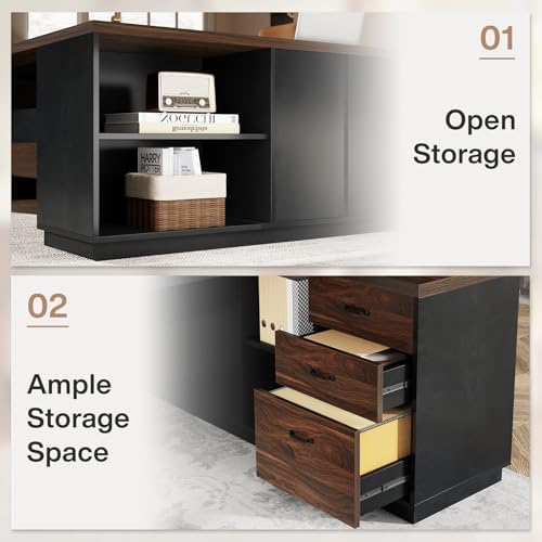 Tribesigns L-Shaped Executive Desk, 78-Inch Large Office Desk with Drawers and Lateral File Cabinet, Modern Business Furniture with Storage Shelves, Workstation for Home Office (Walnut + Black) - Image 6