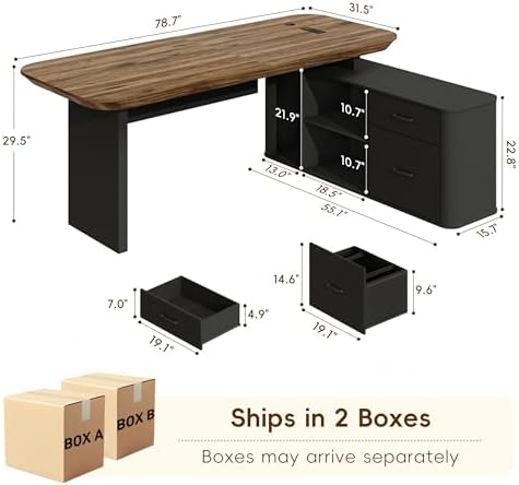 Squireewo 78.7" L Shaped Executive Desk with Drawers, Large Office Desk w/Power Outlets, Storage Cabinet & File Drawers, 1.8" Thick Tabletop, Modern Business Furniture for Home Office, Black & Walnut - Image 2
