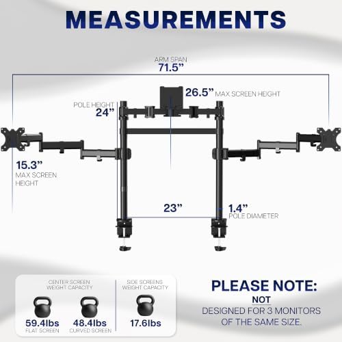 VIVO Clamp-on Dual Pole Triple Monitor Desk Mount for 1 Center Utrawide up to 49 inches and 59.4 lbs, 2 Side Screens up to 38 inches and 17.6 lbs, Low Profile Adjustable Stand, Black, STAND-V300CU - Image 3