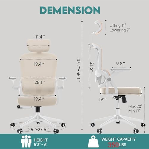Monhey Ergonomic Office Chair, 90°-125° Tilt Back Home Desk Chair with 360° Swivel & Mute Wheels, High Back Mesh Computer Chair for Adults with Lumbar Support, 330 LBS Capacity (05Khaki) - Image 2