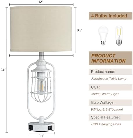 24" Antique Farmhouse Table Lamps Set of 2 for Living Room, USB A+C - Image 6