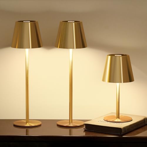 3 Pack Cordless Table Lamp, Portable Battery Operated Lamp with 3 Color Temps and Stepless Dimming, Rechargeable Table Lamp for Dinner, Desk, Cafe, Outdoor (Brushed Gold) by Keysays