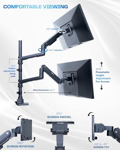 VIVO Pneumatic Arm Dual Ultrawide Monitor Extra Tall Desk Mount for Up to 49 inch Screens, Heavy Duty Clamp, Holds 2 Ultra Wides Up to 44 lbs, Black, STAND-V120K - Image 5