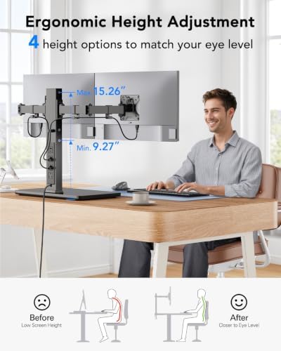 HUANUO Dual Monitor Mount with Power Outlet, Computer Monitor Stand with Sturdy Glass Base, Full Motion Dual Monitor Stand with Adjustable Height, Supports 13″-32″ Displays up to 22 lbs, Easy Setup - Image 6