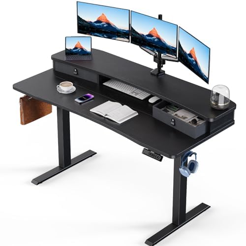 HUANUO 55″ x 26″ Electric Standing Desk with 2 Drawers, C-Clamp Mount Compatible, Height Adjustable Computer Desk, Home Office Stand Up Desk with 4 Preset Heights & 2 Hooks, Black by HUANUO