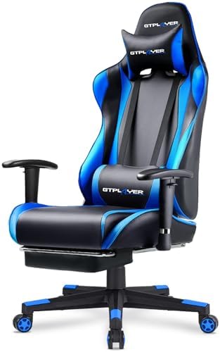 GTPLAYER Gaming Chair Racing Office Computer Game Desk Chair Ergonomic Backrest and Seat Height Adjustment Swivel Rocker with Headrest and Lumbar Pillow E-Sports Chair Black (Blue) by GTPLAYER