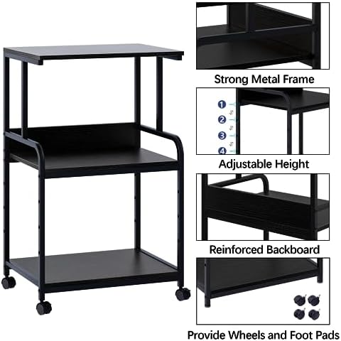 Arbuxzuy Printer Stand with Storage Shelf,3 Tier Printer Cart with Wheels,Mobile Printer Table for Home Office,Stands for Heat Press Scanner Fax,Industrial Style (Black) - Image 2