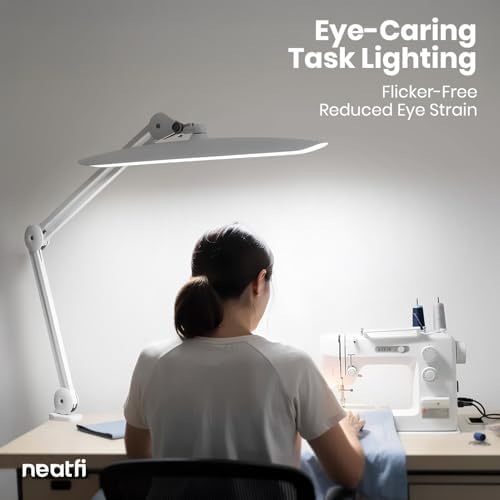 Neatfi XL 2200 Lumens 24W LED Desk Lamp – Shadow-Free Task Lighting | 4-Level Dimming | Home Office & Crafts Use | 20-Inch Wide Head (White, Non-CCT with Clamp) - Image 3