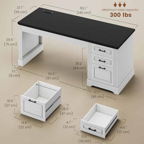 Itaar Farmhouse 55" Executive Desk, Computer Desk with Storage Drawers and Power Outlet, Home Office Desk, Workstation for Office Home, White - Image 2