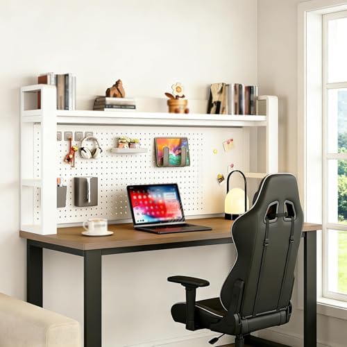 2/3/4 Tier Desk Hutch, Freestanding Desktop Bookshelf, Metal Desk Shelf with Pegboard, Desk Shelves for Top, for Dorm Office and Home(White+White,53 * 9 * 25in) by ZUGIATP