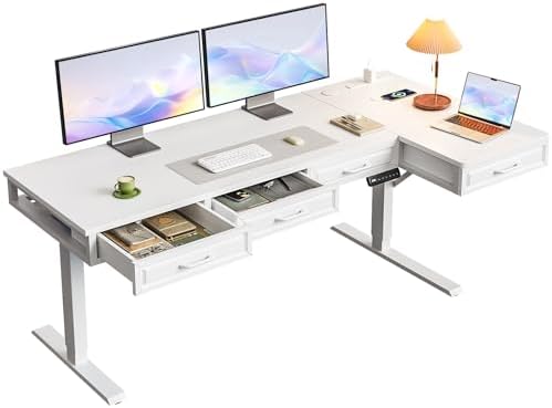 OffiGo 63 Inch L Shaped Standing Desk with 4 Wooden Drawers, White by OfficeGo-ForHomeOfficeWork