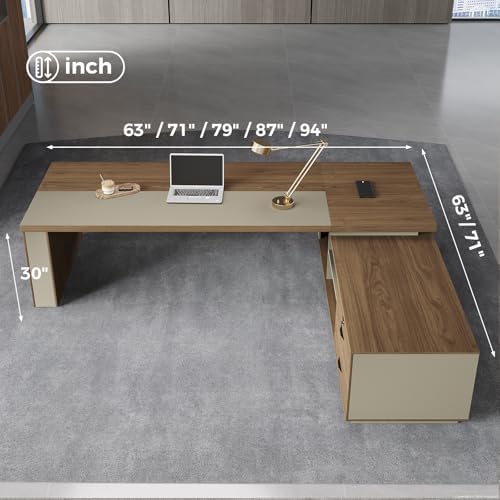 Compact Reversible L Shaped Executive Desk for Manager, Home Office Desk with Power Outlet & USB Ports, LED Ambient Lighting, Storage Cabinet (Black Walnut+Khaki, 95" L*71" W*30" H) - Image 2