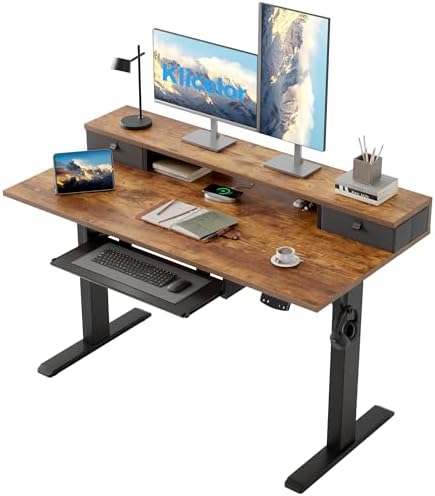 Klicelor 48 x 24 Inch Electric Standing Desk with Drawers and Keyboardtray, Adjustable Height Small Sit Stand Desk for Home Office, Compact Computer Workstation with Storage- Rustic Brown by Klicelor