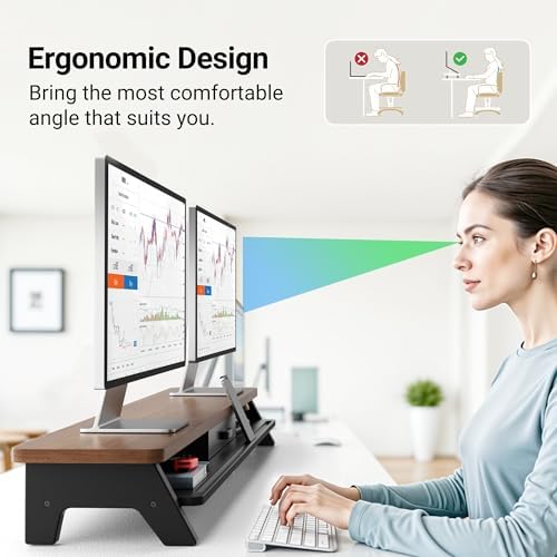 AFOOYO Dual Monitor Stand Riser,LED 2-Tier 39.3 Inch Computer Monitor Stand for 2 Monitors,Office Desktop Organizer with Storage Drawer and Phone Holder for Laptop,PC,Computer,Printer,Walnut - Image 6