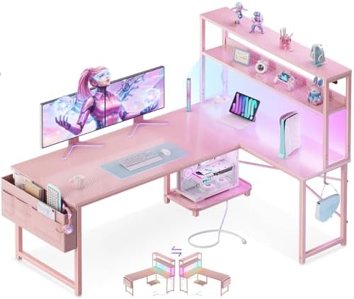 ODK 53" L Shaped Gaming Desk with Shelves, LED & Outlets, Pink by ODK