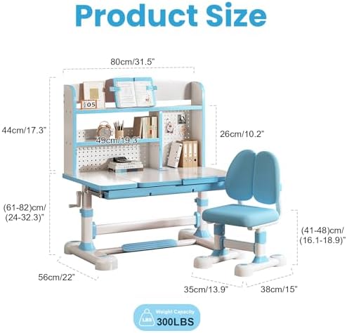 Kids Desk and Chair Set - Height Adjustable Crank Study Desk (Blue) - Image 2