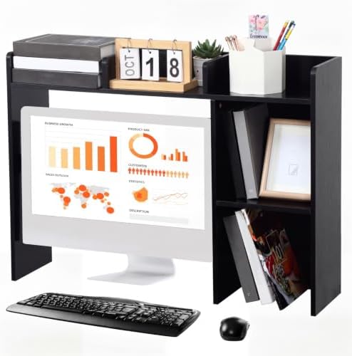 Briwooody Dorm Desk Bookshelf Desk Hutch Organizer with 5 Shelves and 3 Tier Desktop Hutch Storage Organizer for College Dorm Home Office Supply, 32.5 x 23.5 x 8 Inch(Black) by Briwooody