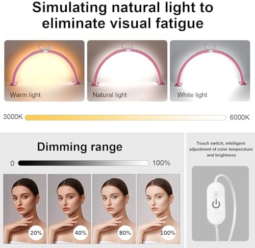 Half Moon Light for Nail Desk - 29-inch LED Nail Tech Lamp with Hands Pillow, Phone Holder，Dimmable Arch Design,48W Portable Manicure Light for Salon and Home Use（Pink-Pink Diamond） - Image 6
