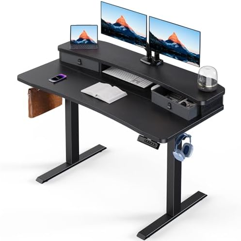 HUANUO 48″ x 24″ Electric Standing Desk with 2 Drawers, C-Clamp Mount Compatible, Height Adjustable Computer Desk, Home Office Stand Up Desk with 4 Preset Heights & 2 Hooks, Black by HUANUO
