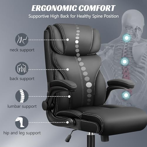 HeroSet Office Chair, Ergonomic Big and Tall Computer Desk Chairs, Executive Breathable Leather Chair with Adjustable Flip-up Armrests, Lumbar Support Swivel PC Chair with Rocking Function,Matte Black - Image 4