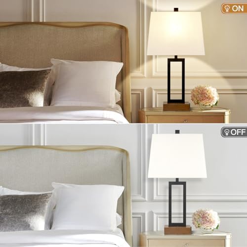 Lolikit Table Lamp for Bedroom Set of 2 with 2 USB Ports and AC Power Outlet, 23.5" Modern Bedside Lamp, Wood Nightstand Lamp with Linen Shade for Living Room Hotel Desk(LED Bulb Included) - Image 3