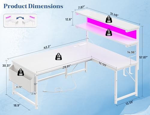 DurayLoly White L Shaped Desk with LED Light & 5 Power Outlet for Gaming - Image 3