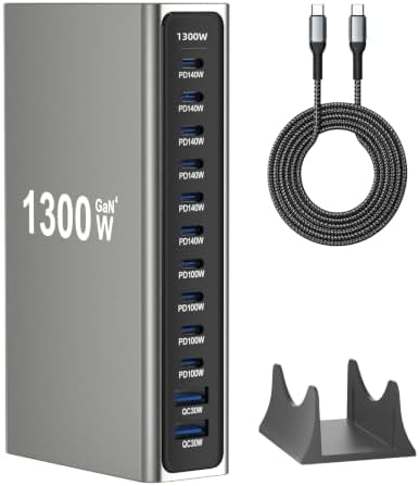 1300W GaN 4 USB C Charging Station, 12-Port Desktop Charger with 6 x 140W USB-C PD, 4 x 100W USB-C PD and 2 x QC 3.0 USB-A Ports, Includes 6.6 ft 240W USB-C Fast Charging Cable by Unknown
